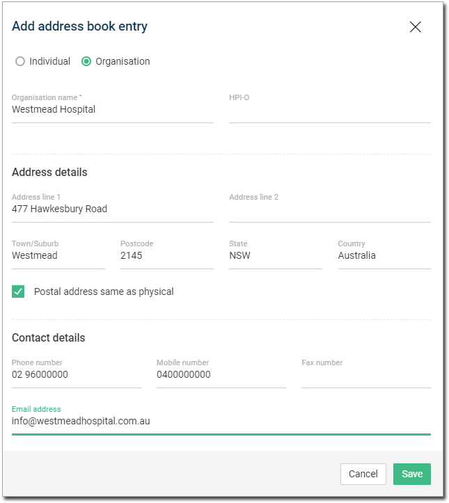 Clinical Manager Address Book Entry for organisation