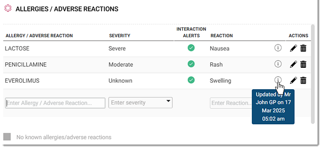 Example of who updated the patient’s allergies and when