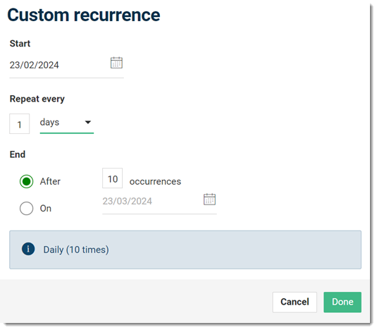 Custom Recurrence panel for Day