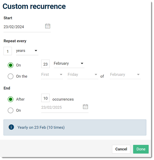 Custom Recurrence panel - Yearly