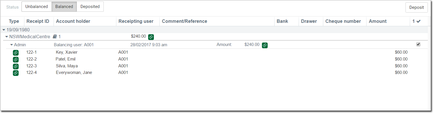 Example balanced items selected to deposit