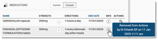 Ceased medication with a reason of removed from actions