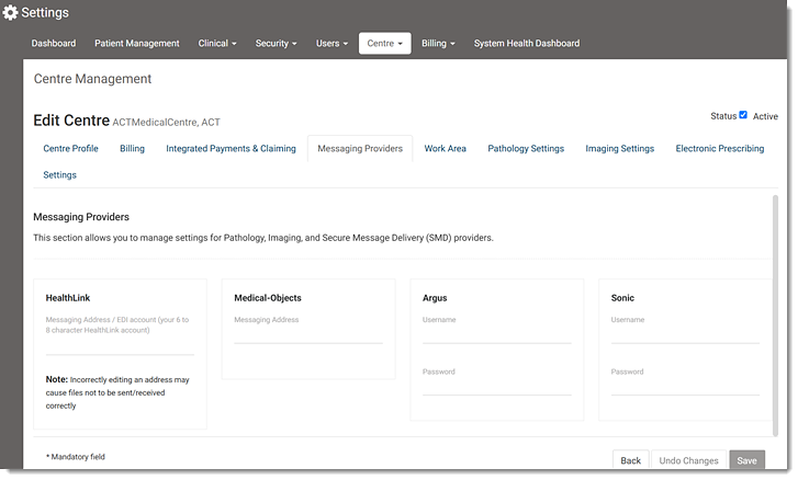 Example Messaging Providers tab