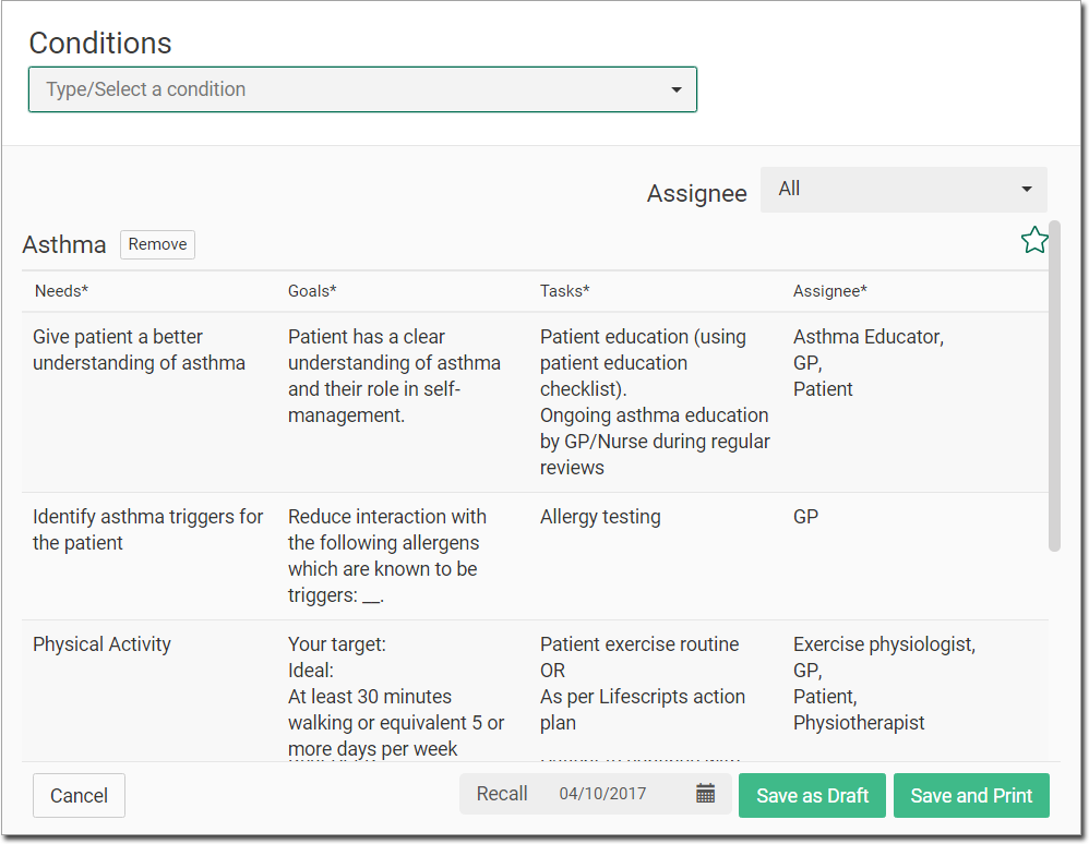 Conditions selection example