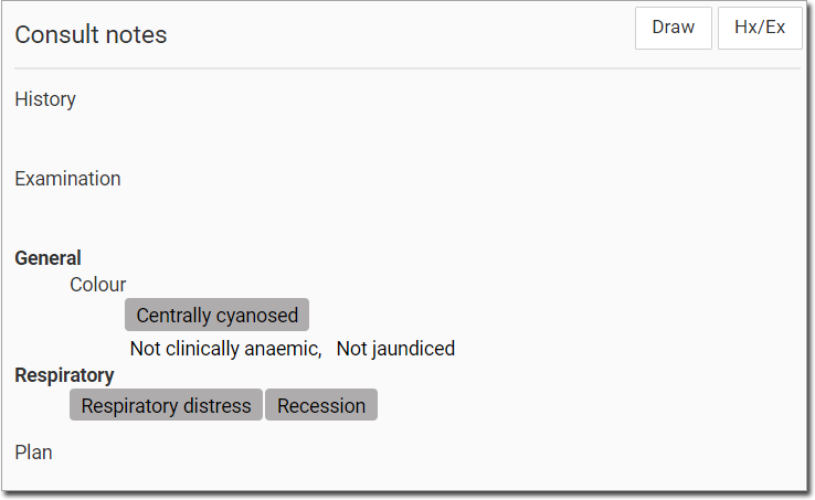 Example examination information in the consult notes.