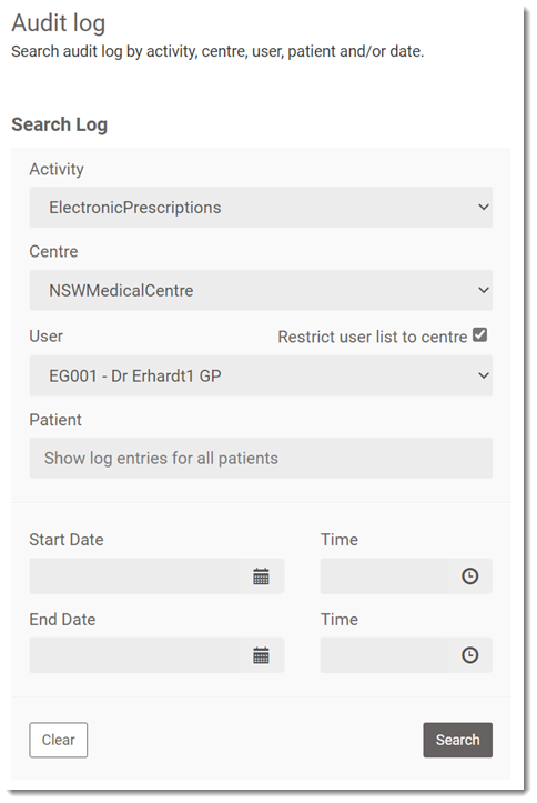 Example ePrescribing search filters in the audit log