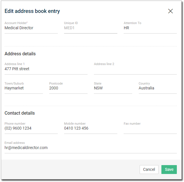 Edit address book entry window