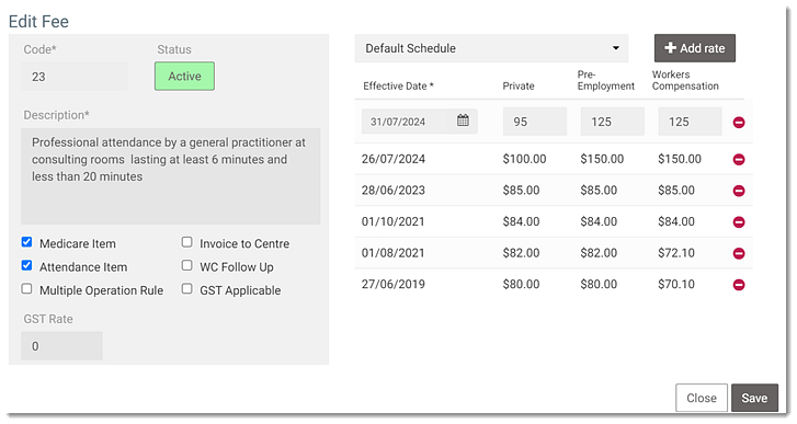 Edit fee panel