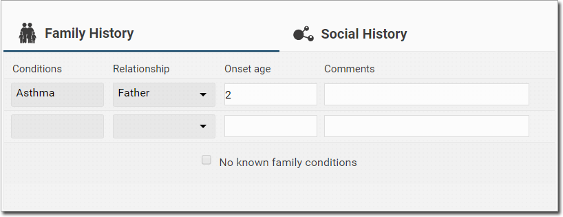 Example Family History section in edit mode