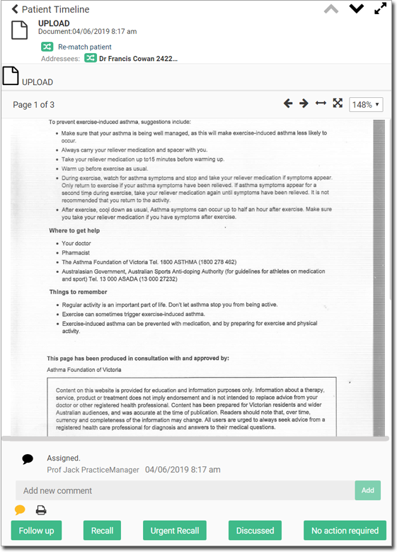 View of example document in Paient Timeline