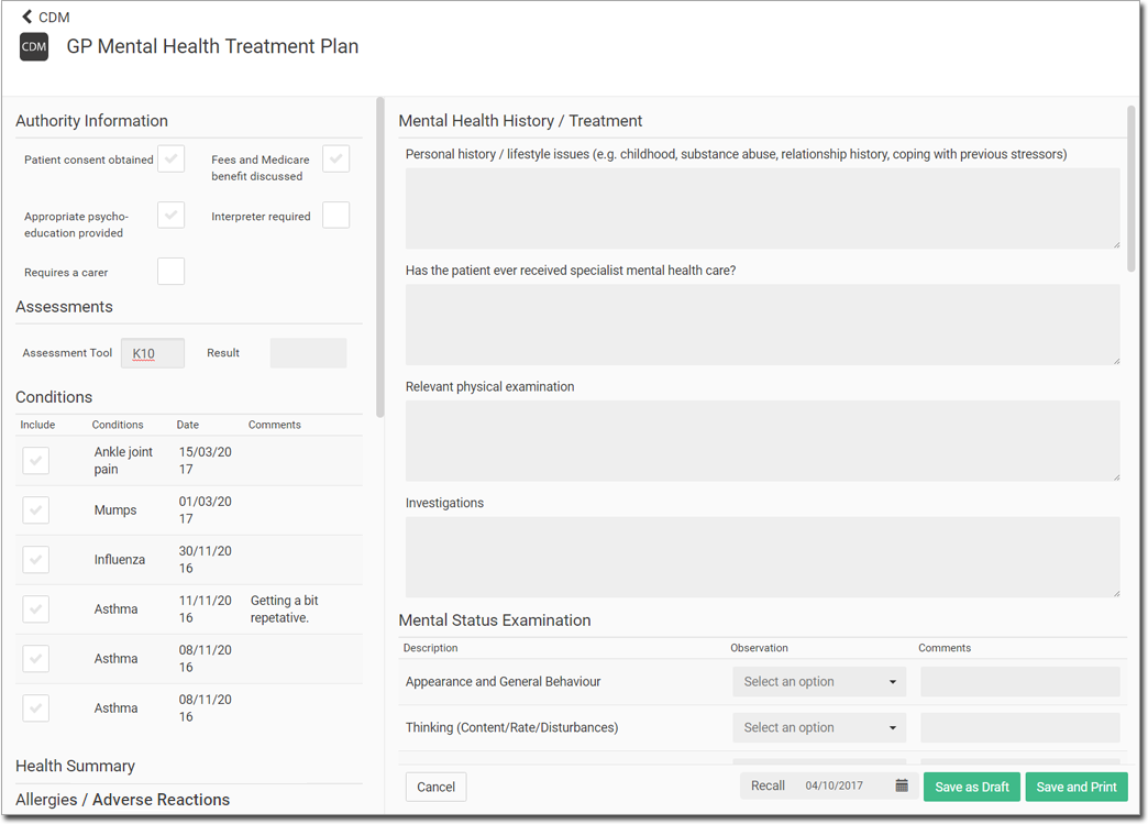 GP Mental Health Treatment Plan form