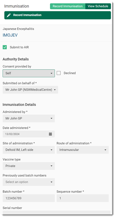 Example Record Immunisation Panel