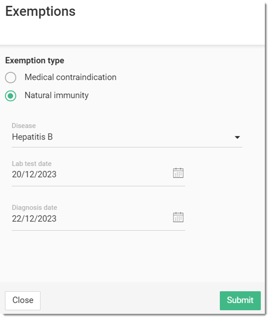 Exemption type - Natural immunity