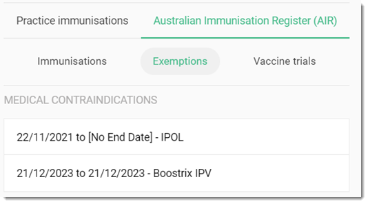 Exemptions tab- Medical Contraindications