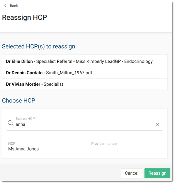 Reassign HCP panel