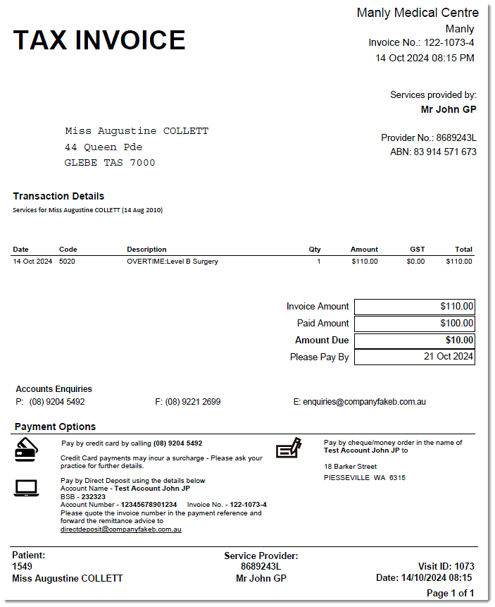 Tax Invoice with HCP's bank details