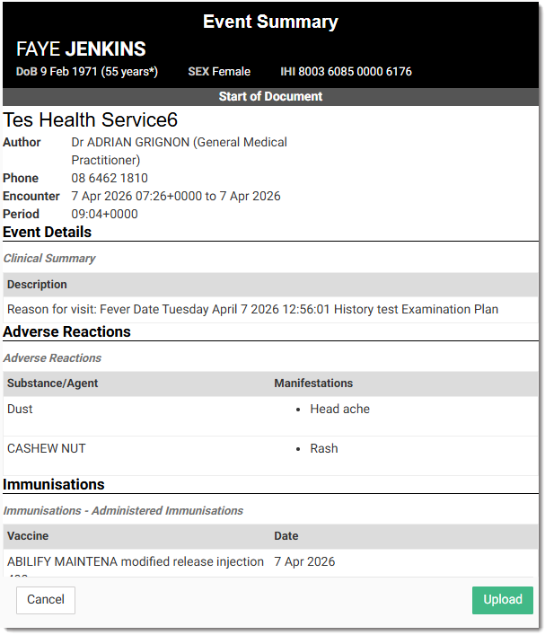 Event Summary Record Example
