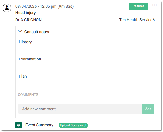 Patient Timeline showing Event Summary