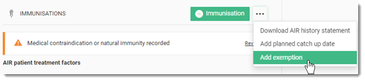 Add Immunisation - Add Exemption