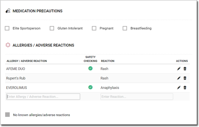 Medication Precautions window, showing list of allergies and adverse reactions