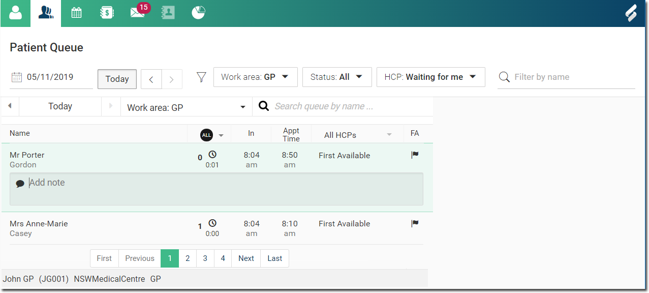 Patient Queue showing two patient attending the practice.