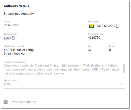 Authority details section in the Patient timeline
