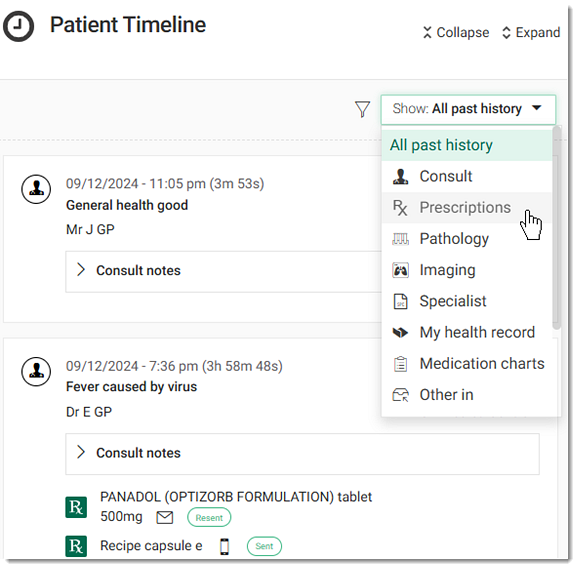 Select items for display in the Patient Timeline