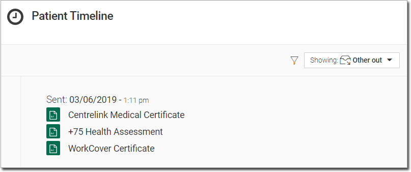 Certificates and Assessments displayed in the Patient Timeline > Other out view