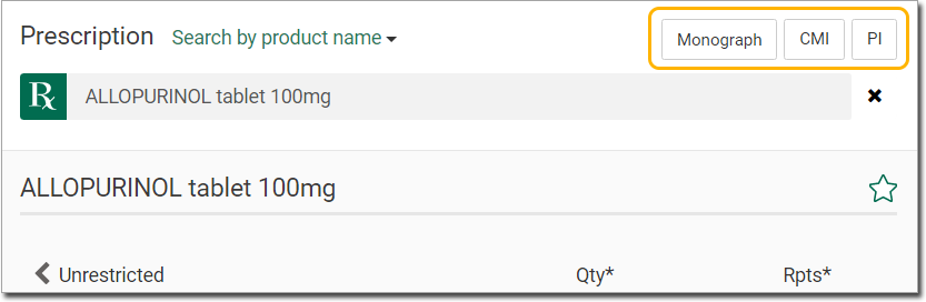 Example prescribing showing CMI, PI, Monograph