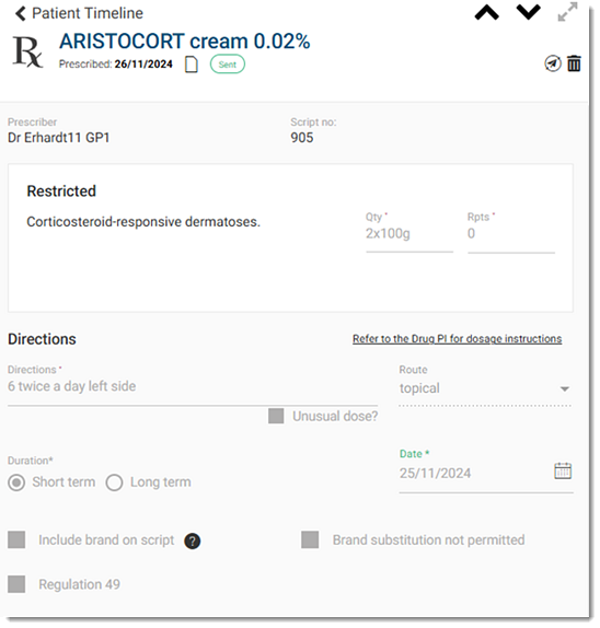 ePrescription send details in Patient Timeline