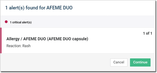 Alert message that the patient has a rash reaction to a prescribed medication
