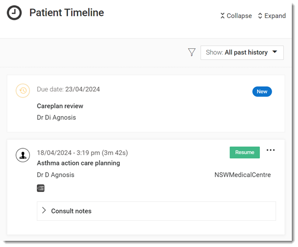 Example care plan in the Patient Timeline