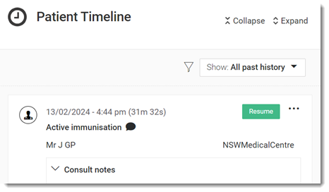 Example immunisation in the patient timeline