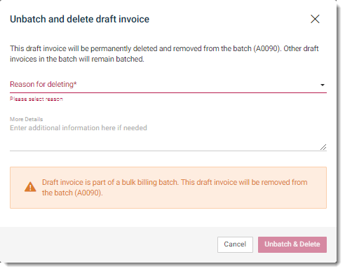 Example unbatch & delete draft invoice warning