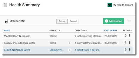 Example medication history in the Health Summary