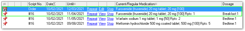 Example regular prescription & once off medication order for the same drug in the Medication Summary