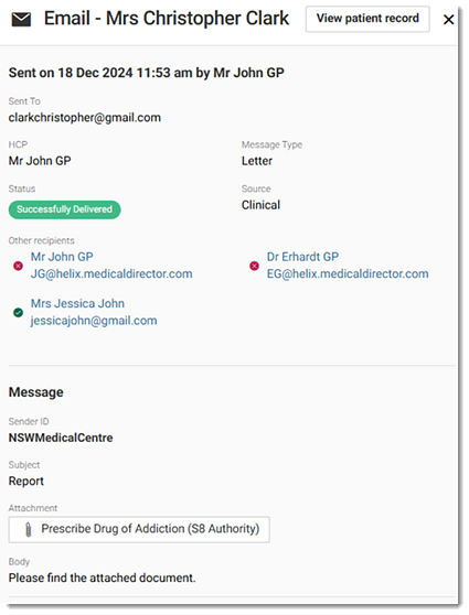 Email details in the inspector