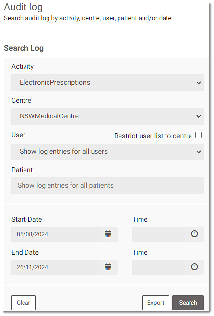 Example ePrescribing search filters in the audit log