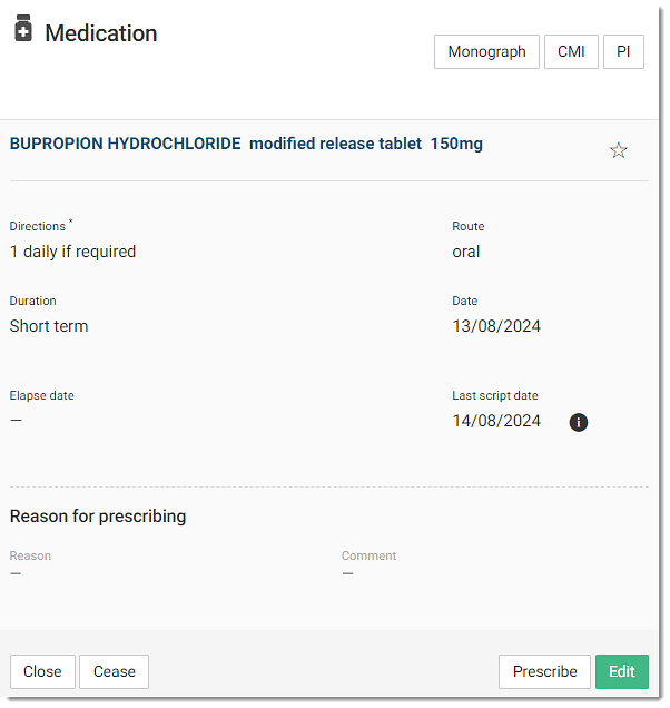 Health Summary, open Medications then click Cease
