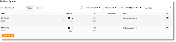 Patient Queue with example search term